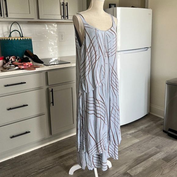 Jacques Ruc Boho Baby Blue Maxi Dress with Brown Print Layered Maxi Size Medium - Picture 2 of 8